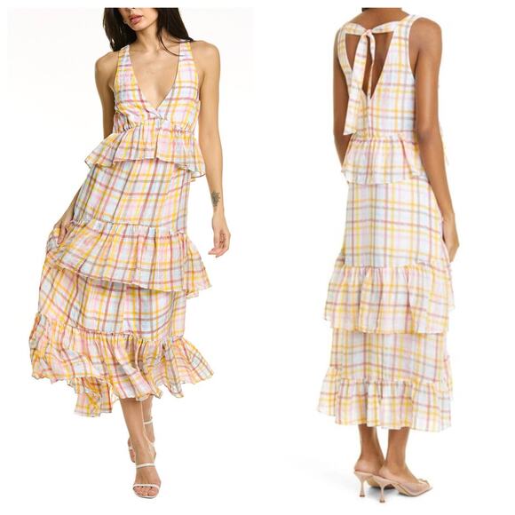 NEW Cinq à Sept Astor Sleeveless Tiered Midi Dress White Pastel Plaid - Picture 1 of 12